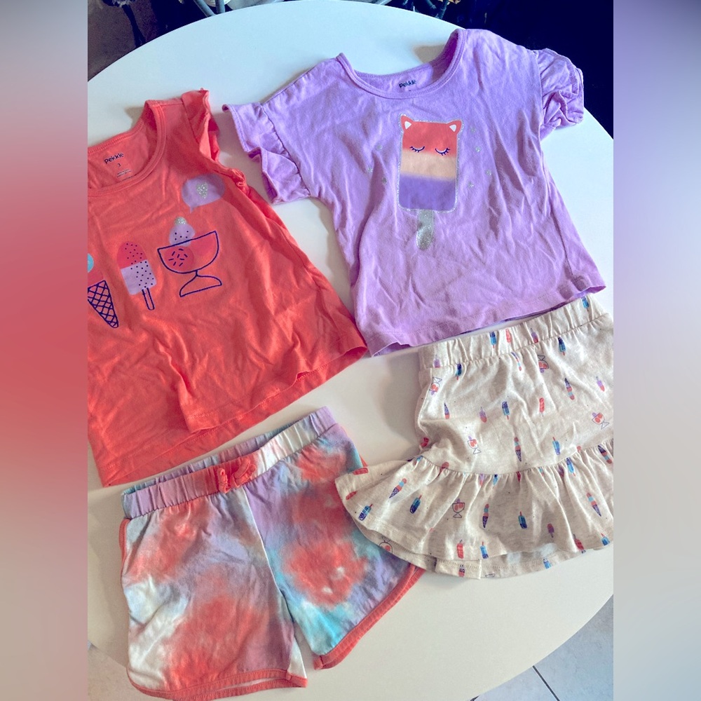 Pekkle Outfit Bundle Toddler Size 3T Girls Cat and Treat Tees, Skort and Shorts